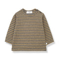 Striped Crew Neck Kids T-Shirt with Shoulder Buttons in Ochre