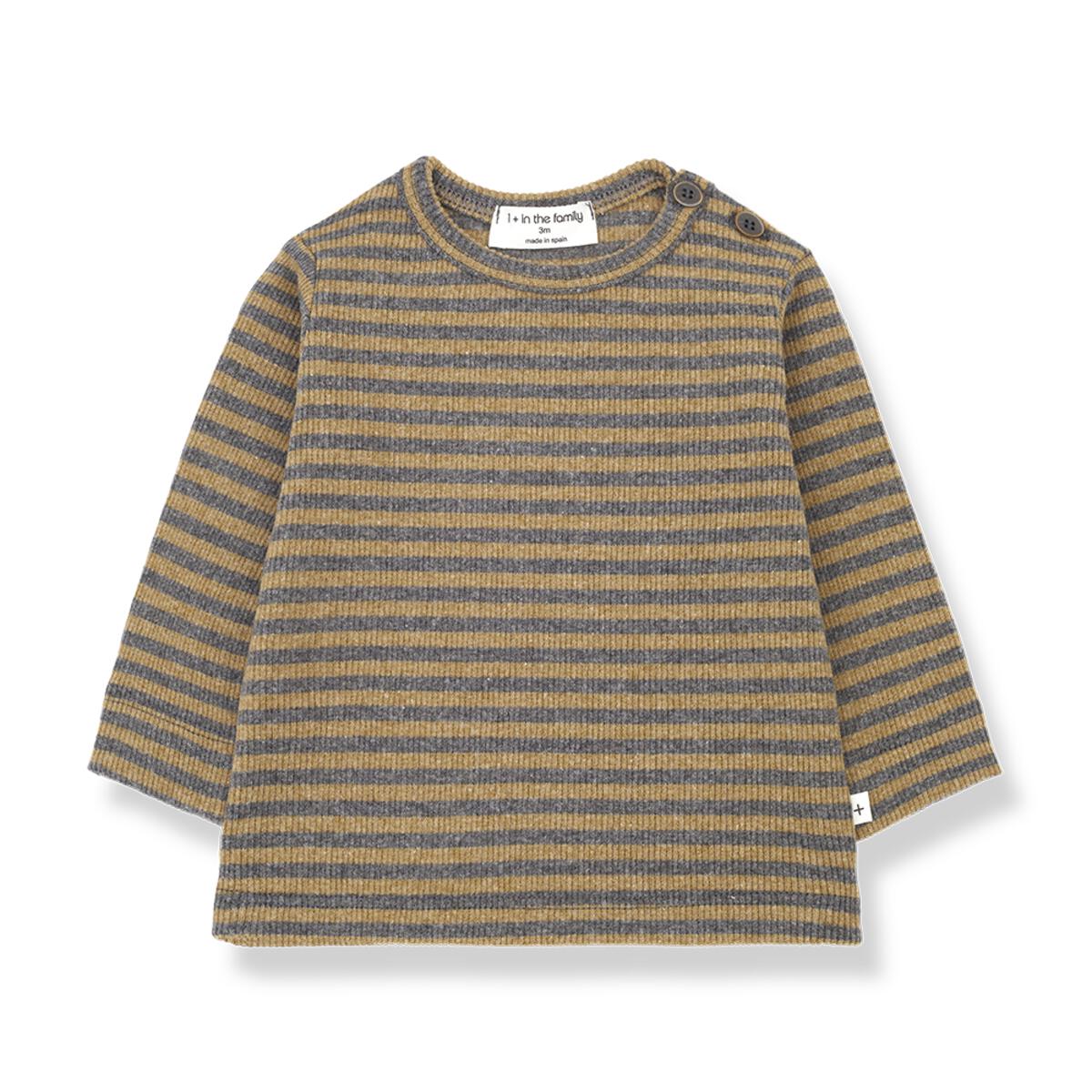 Striped Crew Neck Kids T-Shirt with Shoulder Buttons in Ochre