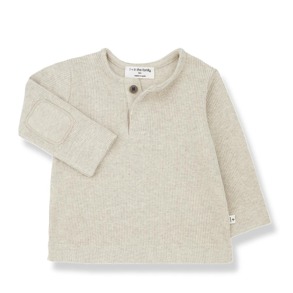 Henley-T-Shirt aus Rippjersey für Kinder mit Ellbogenpatches in Haferflocke