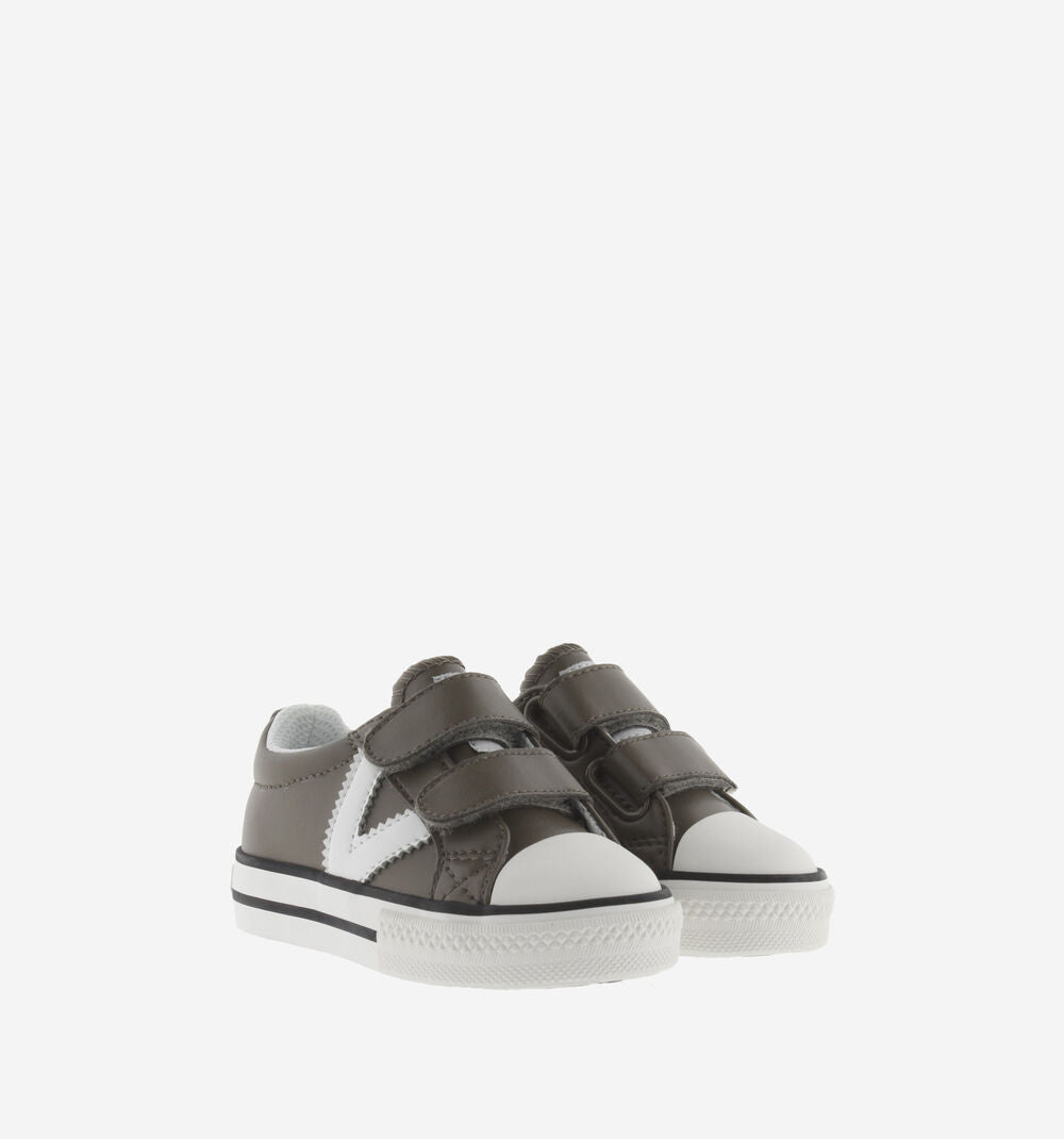 Double Velcro Synthetic Leather Kids Trainers in Taupe