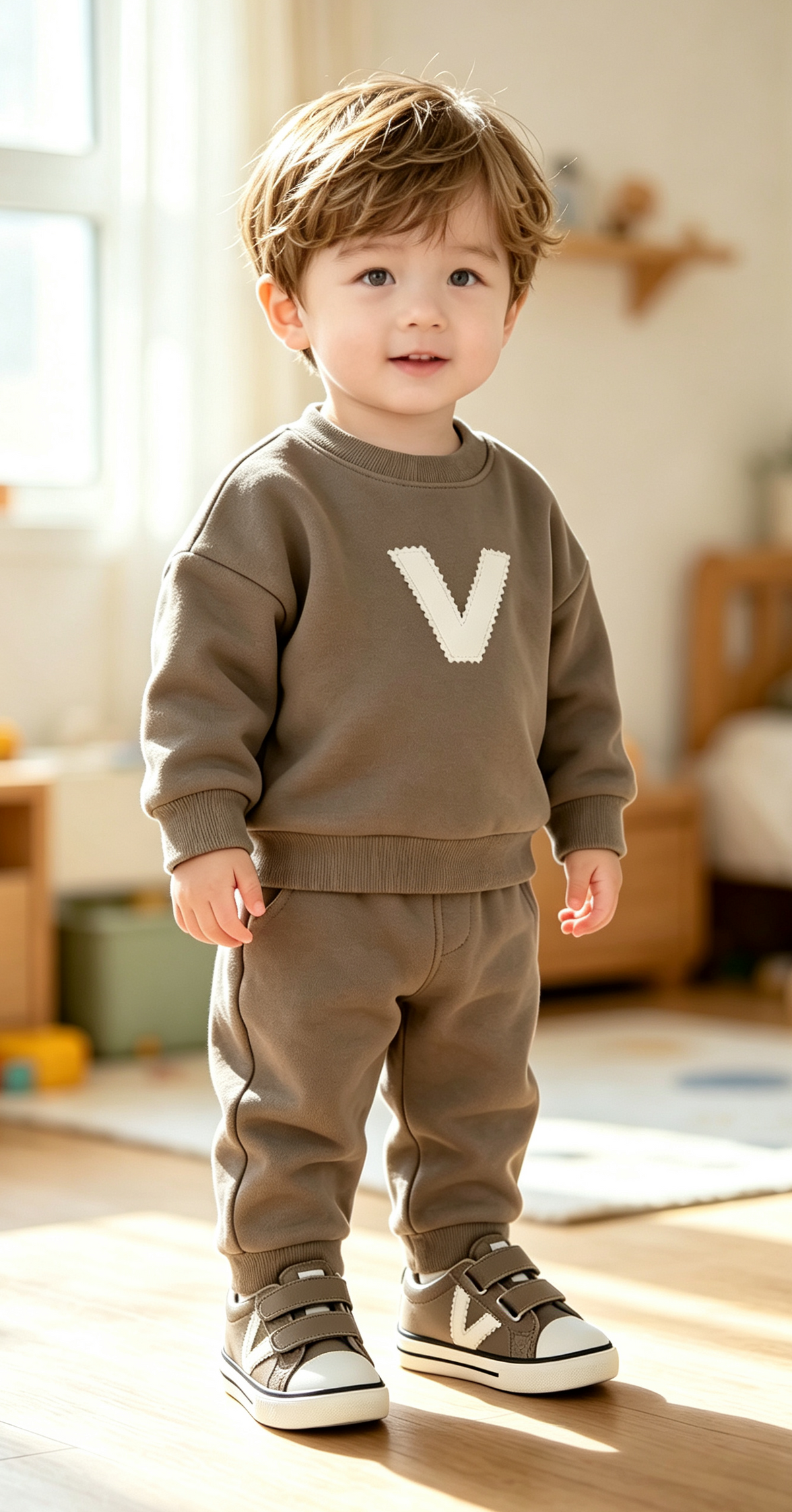Double Velcro Synthetic Leather Kids Trainers in Taupe
