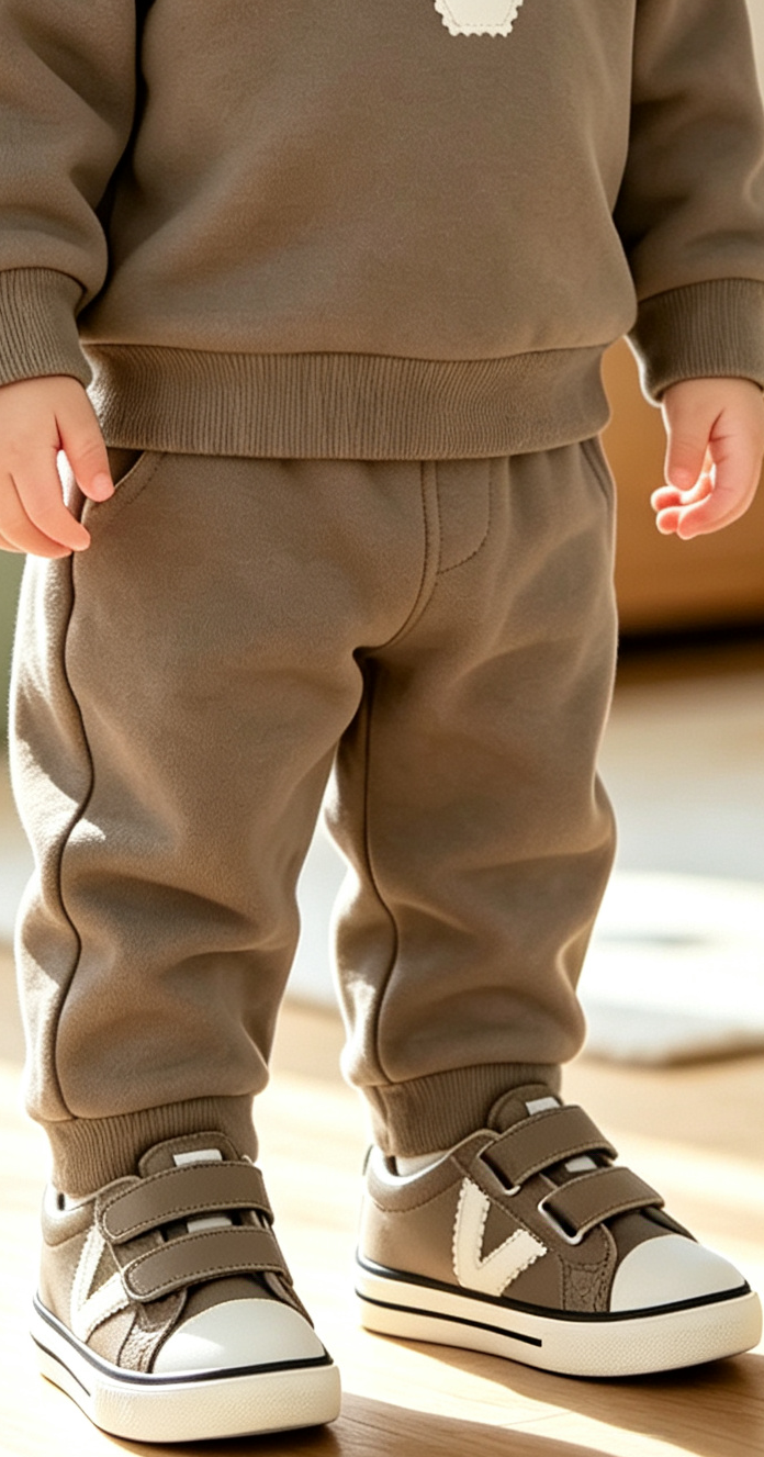 Double Velcro Synthetic Leather Kids Trainers in Taupe