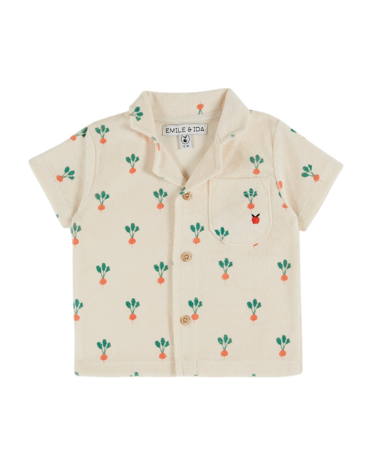 Camisa de algodón de rizo de manga corta con estampado de rábanos en crema