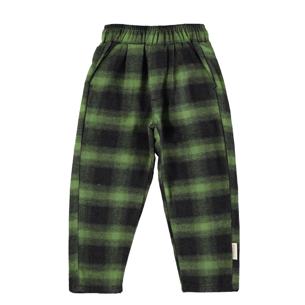 Unisex Kids Trousers with Elastic Waist Green Black Checkered