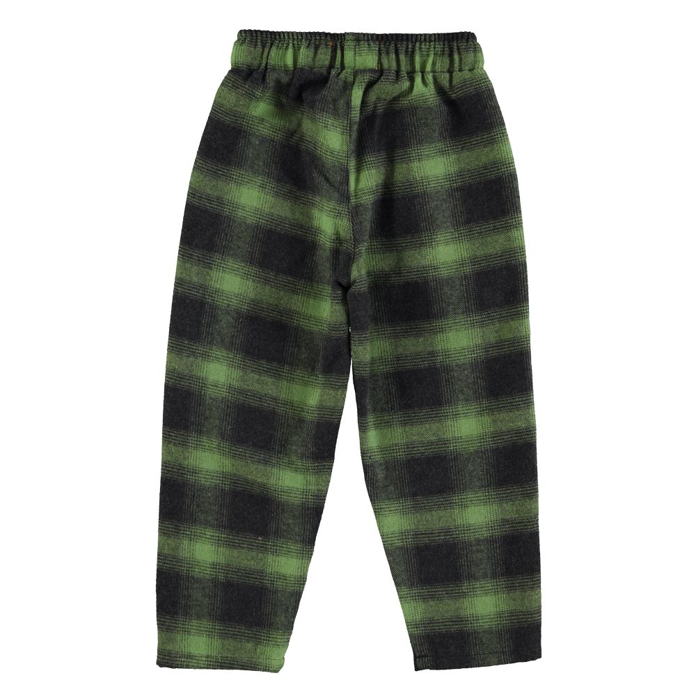 Unisex Kids Trousers with Elastic Waist Green Black Checkered