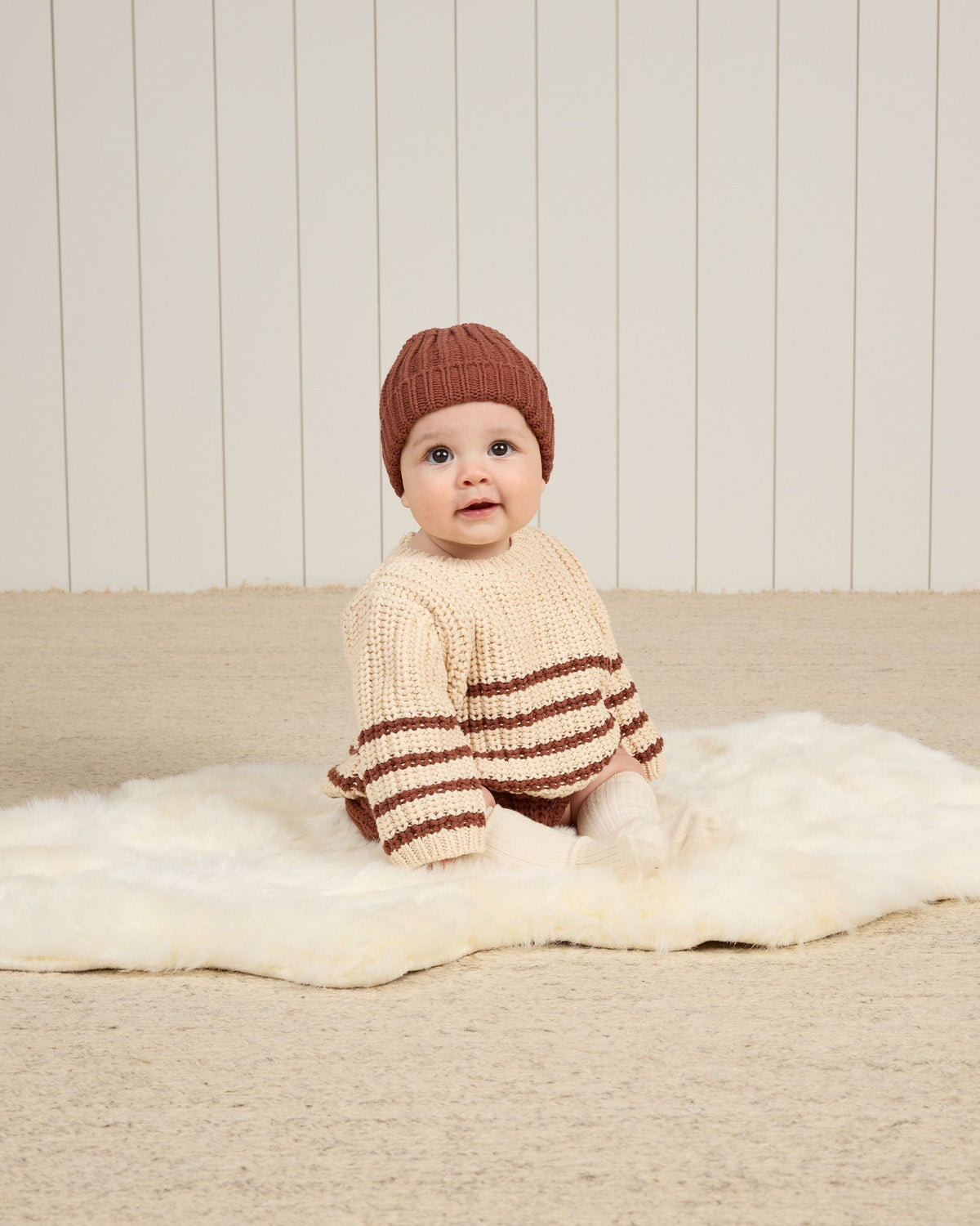 Chunky Knit Baby Sweater with Ribbed Neck in Cranberry Stripe Natural