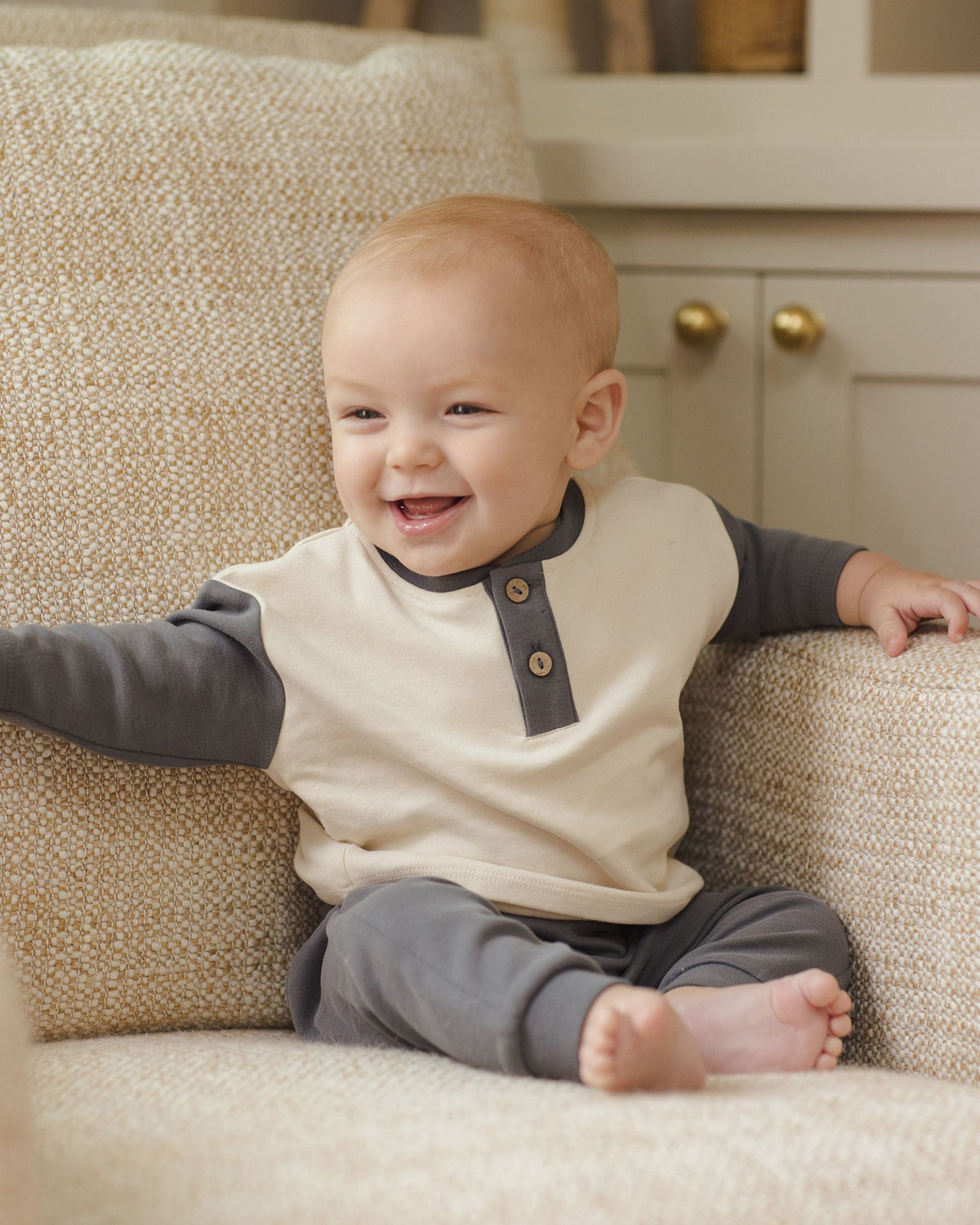 Organic Cotton Long Sleeve Henley Tee with Coconut Buttons in Indigo Natural