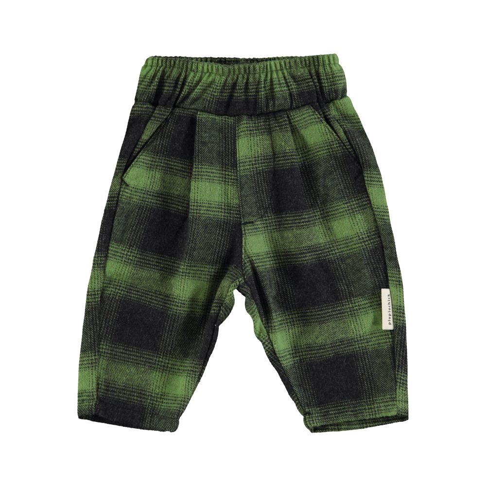 Unisex Kids Trousers with Elastic Waist Green Black Checkered
