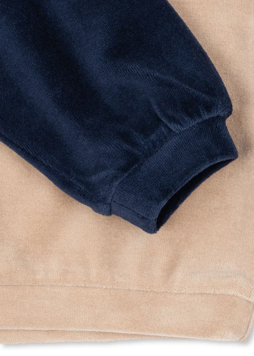 Bicolor Velvet Sweatshirt with Tiger Print in Dress Blue