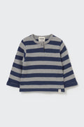 Brushed Cotton Baby Sweater with Button Neck in Navy Grey Striped