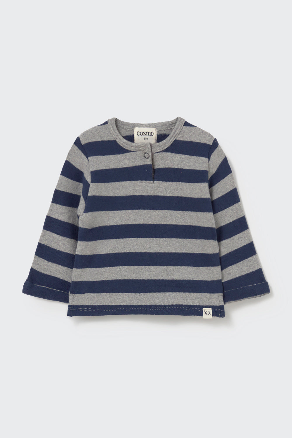 Brushed Cotton Baby Sweater with Button Neck in Navy Grey Striped