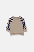 Soft Cotton Raglan Sweater with Snap Buttons in Beige Navy Stripes