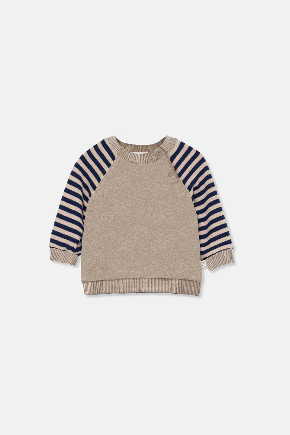 Soft Cotton Raglan Sweater with Snap Buttons in Beige Navy Stripes