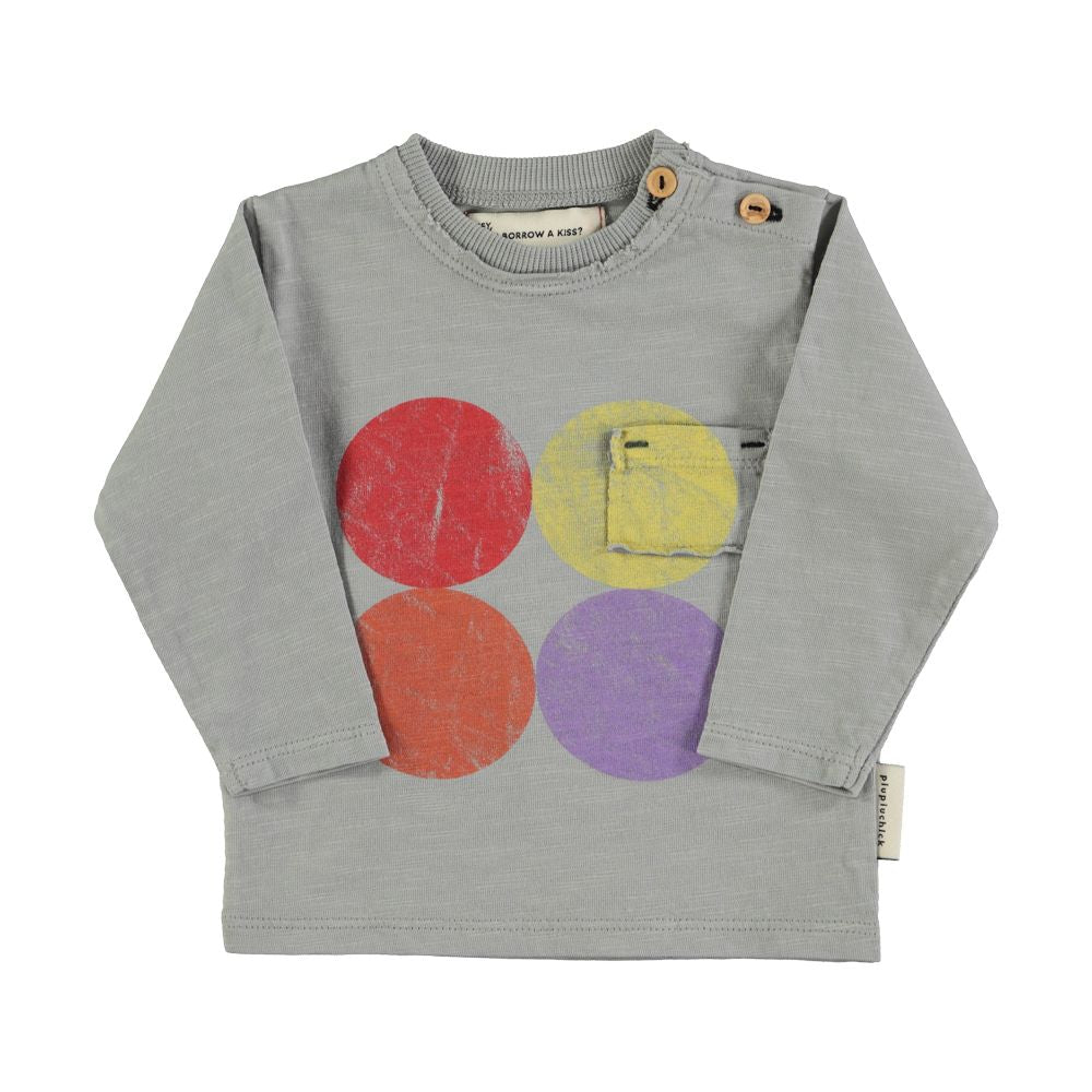 Long Sleeve Kids Top with Multicolor Circles Print in Grey