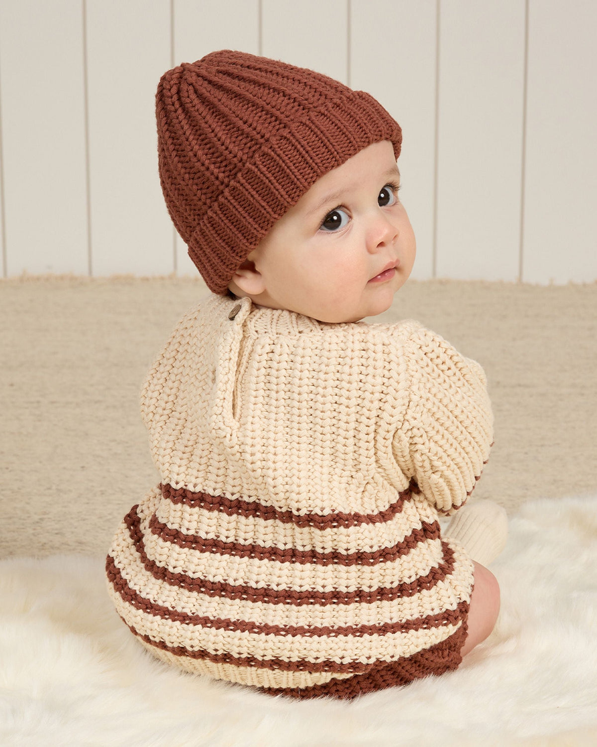 Chunky Knit Baby Sweater with Ribbed Neck in Cranberry Stripe Natural