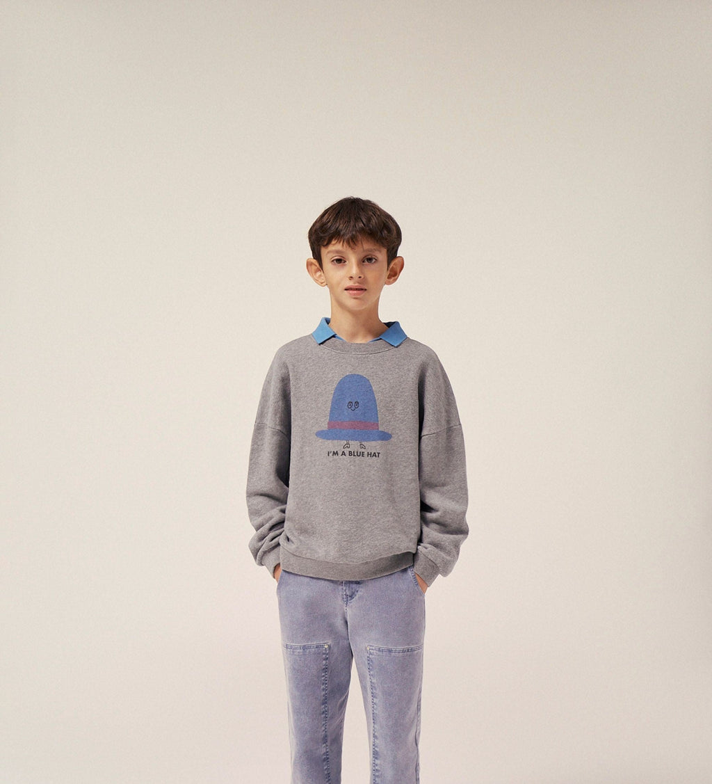 Sudadera extragrande de algodón orgánico con estampado de sombrero azul en gris