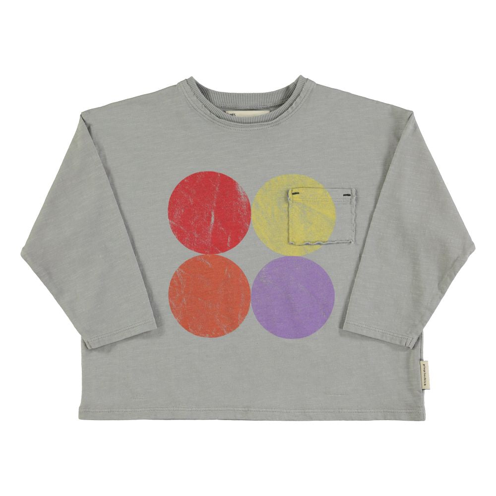 Parte superior infantil de manga larga con estampado de círculos multicolor en gris