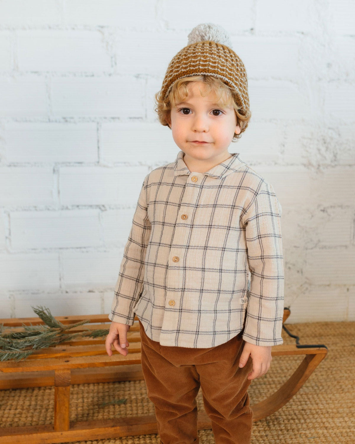 Double Fabric Mountain Check Baby Shirt with Button Front in Sand
