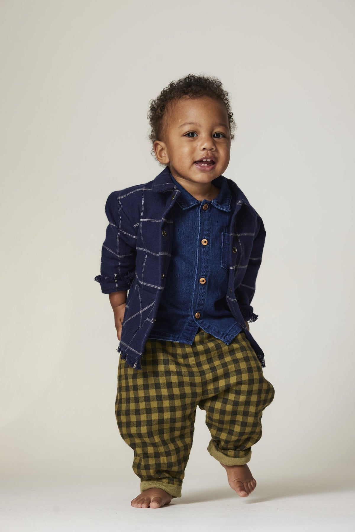 Brushed Cotton Gingham Plaid Kids Pants in Green