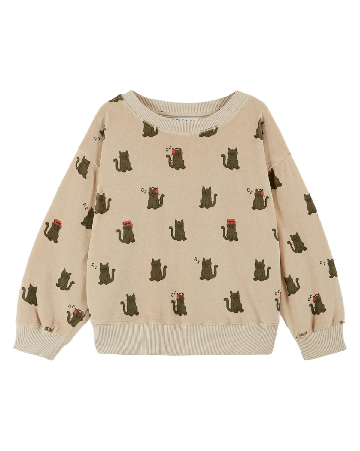 Velour Kids Sweatshirt with Allover Cat Print in Greige