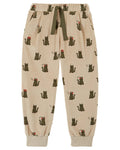 Fleece Cat Print Joggers with Drawstring in Greige