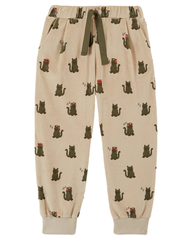 Fleece Cat Print Joggers with Drawstring in Greige