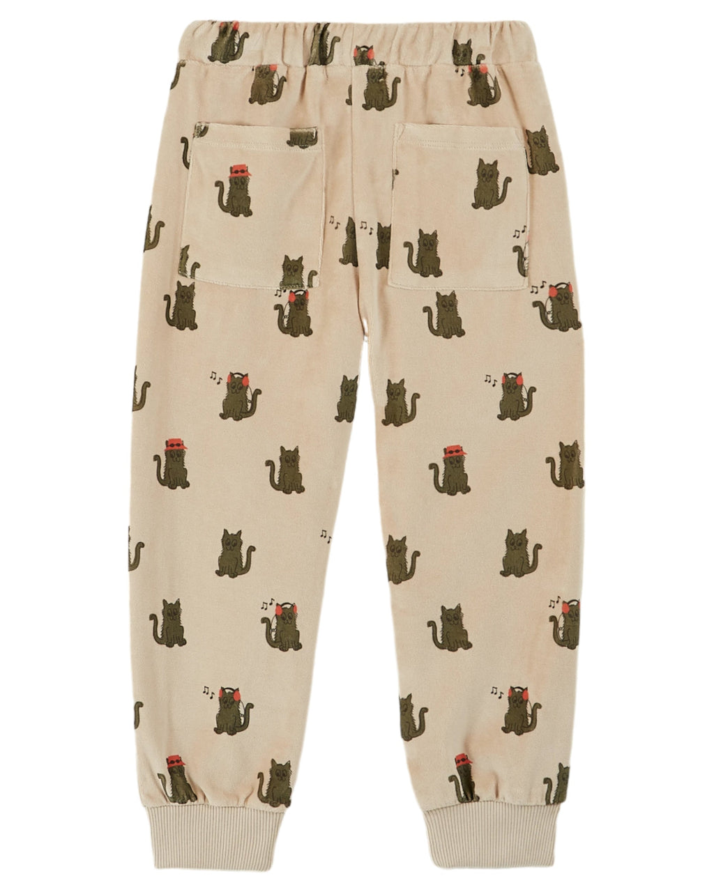 Fleece Cat Print Joggers with Drawstring in Greige