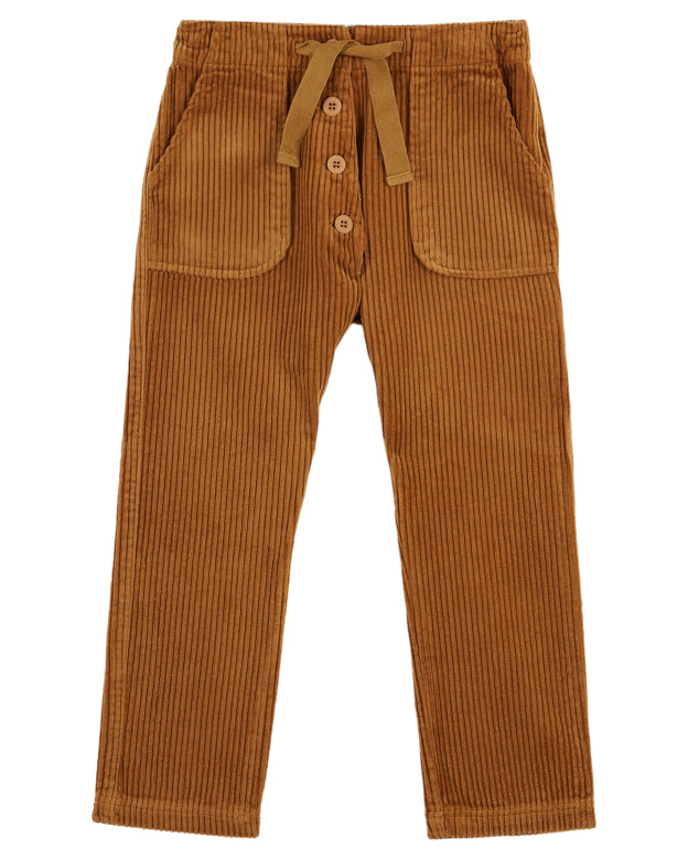 Relaxed Fit Corduroy Kids Pants with Drawstring in Kraft