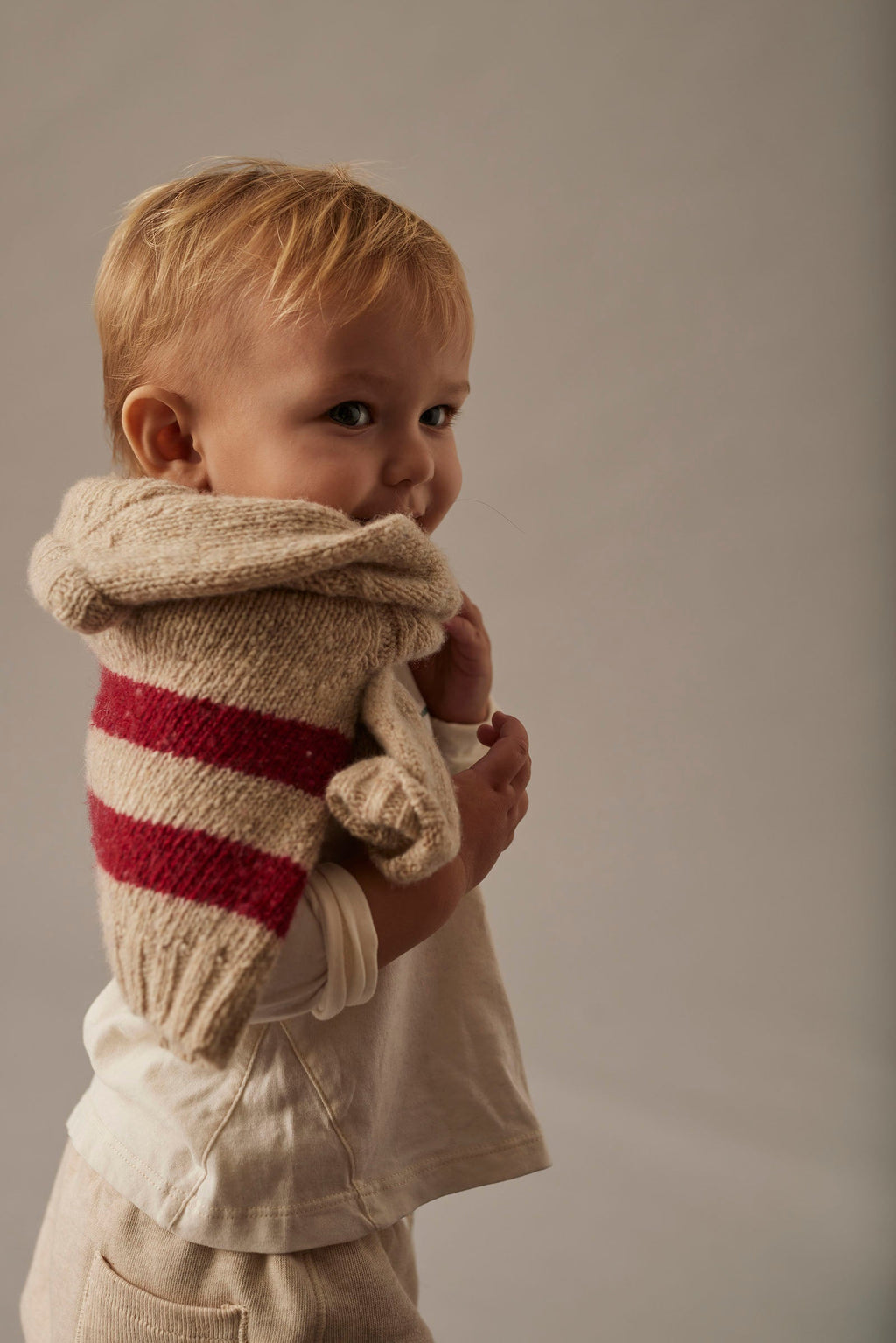 Wool Blend Tweed Baby Sweater with Raglan Sleeves in Stone