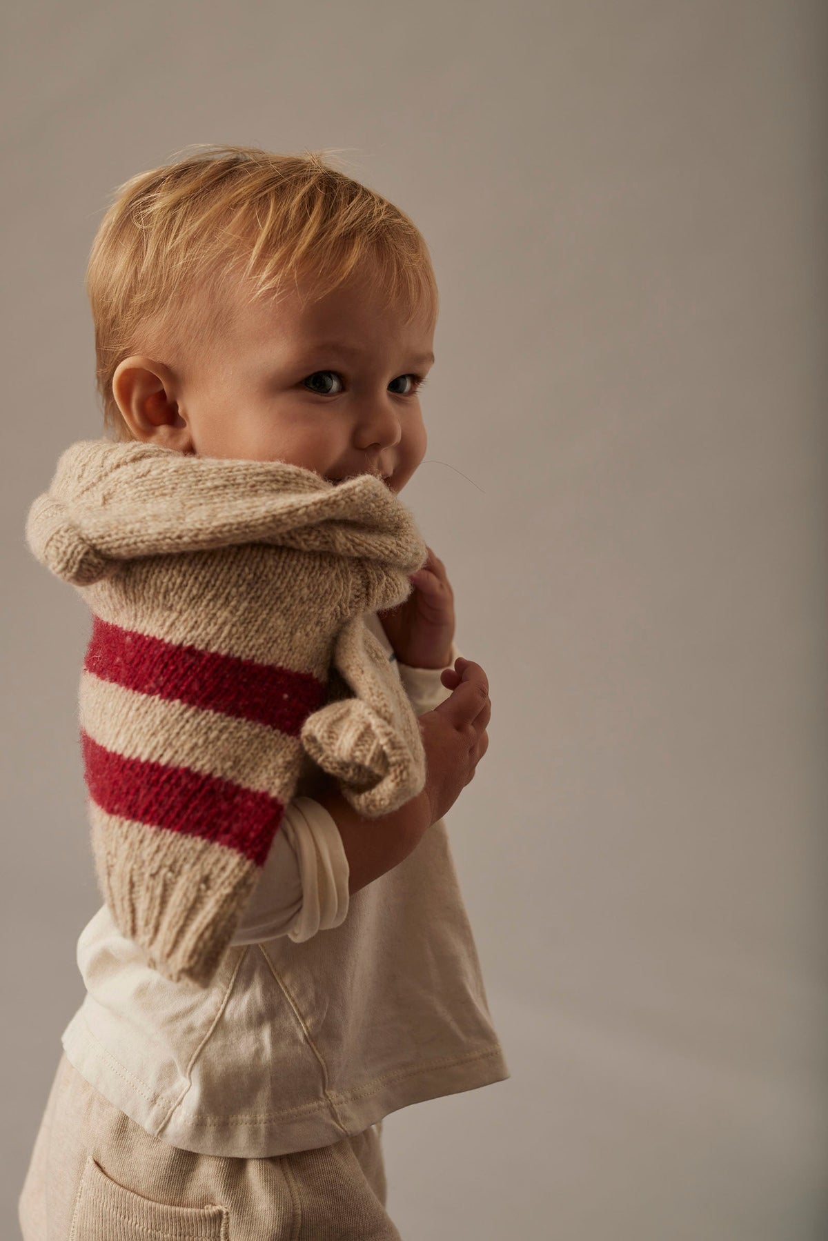 Wool Blend Tweed Baby Sweater with Raglan Sleeves in Stone