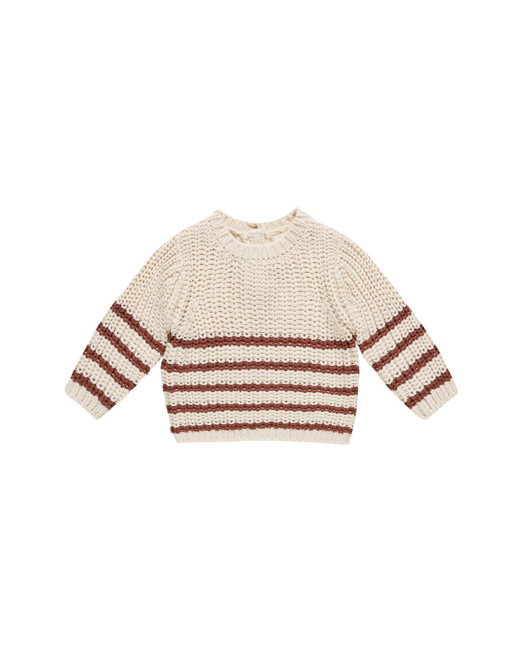 Chunky Knit Baby Sweater with Ribbed Neck in Cranberry Stripe Natural