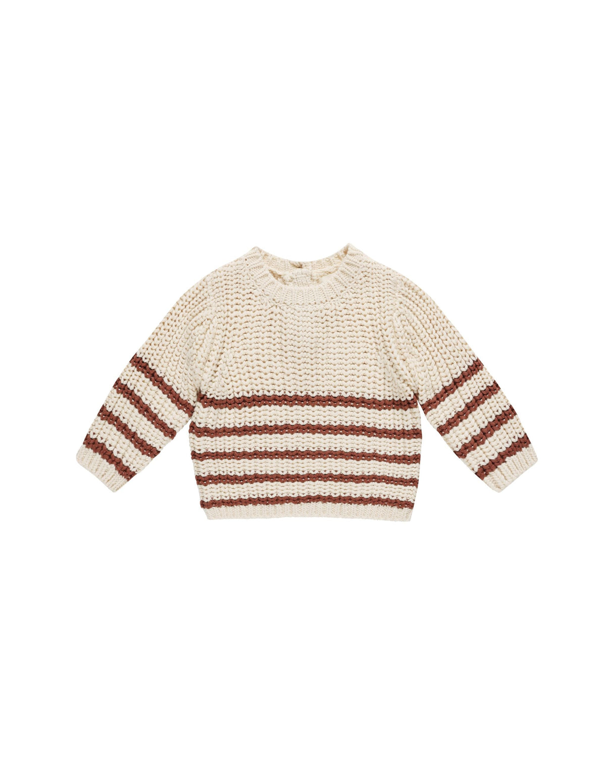 Chunky Knit Baby Sweater with Ribbed Neck in Cranberry Stripe Natural