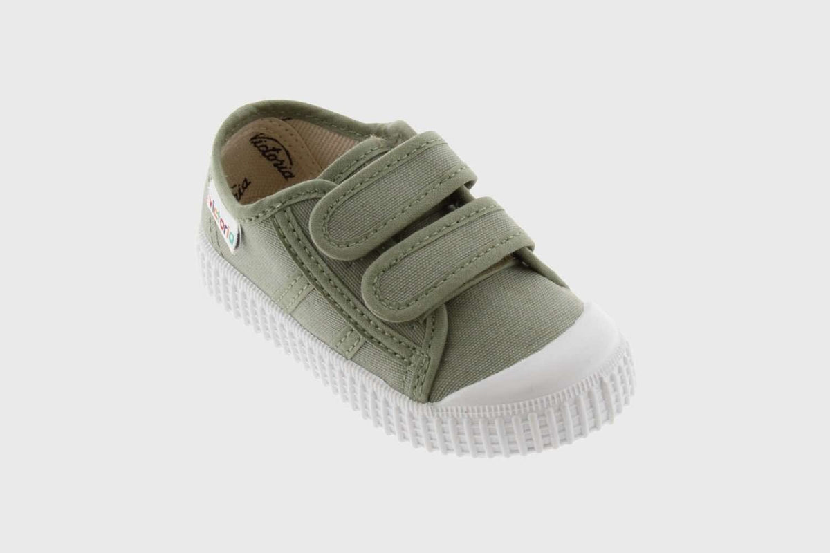 Organic Cotton Kids Trainers with Double Velcro in Aloe Green