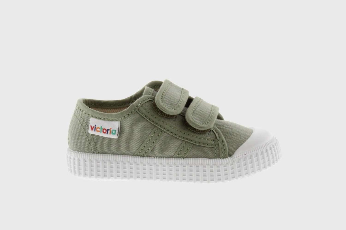 Organic Cotton Kids Trainers with Double Velcro in Aloe Green