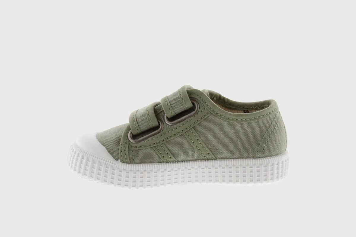 Organic Cotton Kids Trainers with Double Velcro in Aloe Green