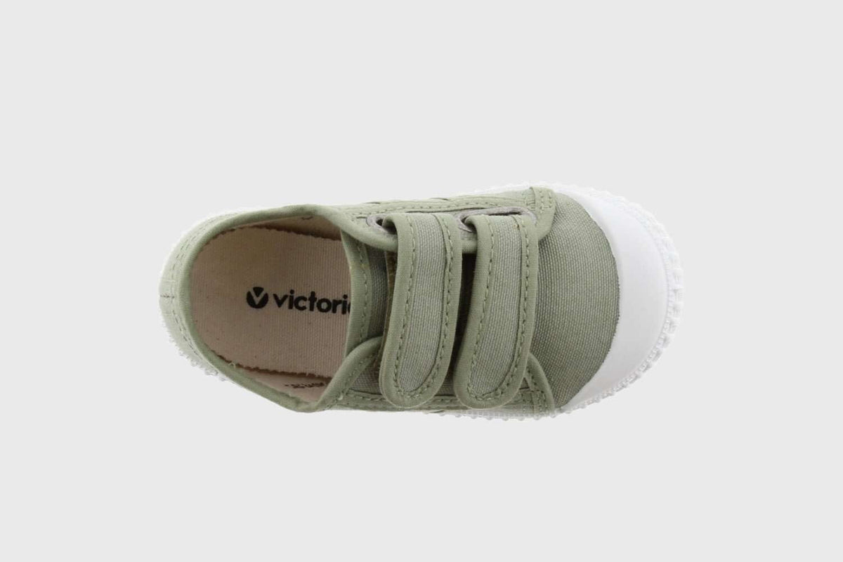 Organic Cotton Kids Trainers with Double Velcro in Aloe Green